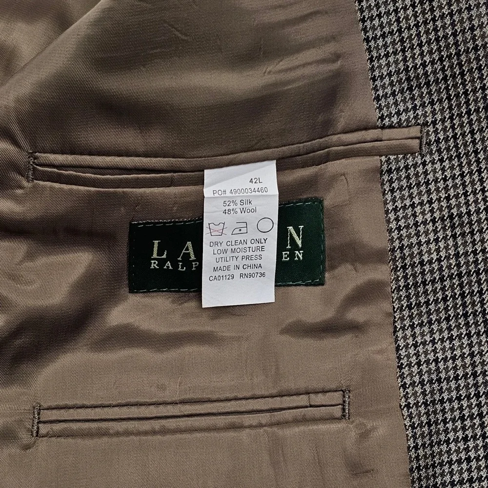 Lauren Ralph Lauren Blazer Mens 42L Brown Tan Silk Wool Houndstooth Academic